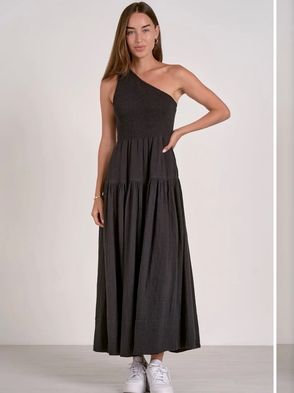 Elan Black One-Shoulder Tiered Maxi Dress